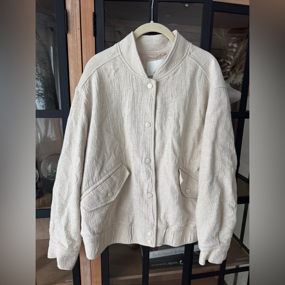 H&M Crepe Linen Bomber Jacket Cotton Beige Cropped Coat Ecru Textured snap - Picture 6 of 12
